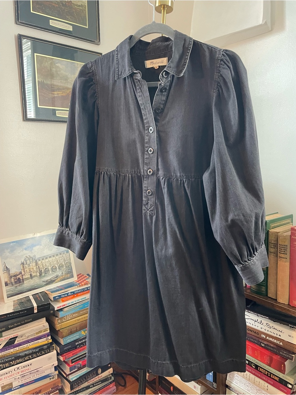 Madewell Charcoal Button-Front Long Sleeve Smock Dress